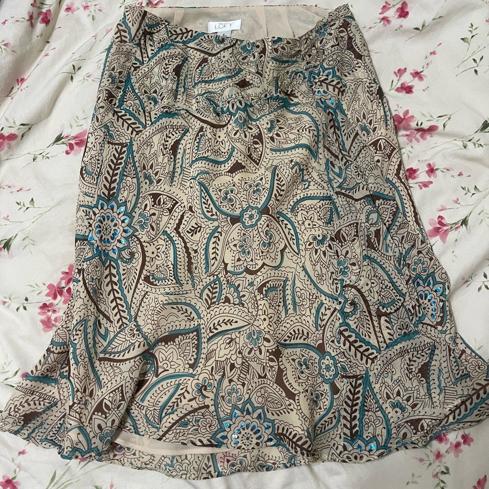 LOFT Beige and Teal Paisley A-Line Skirt